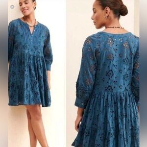 dRA Dusty Blue Eyelet Lace Tiered Babydoll Mini Dress